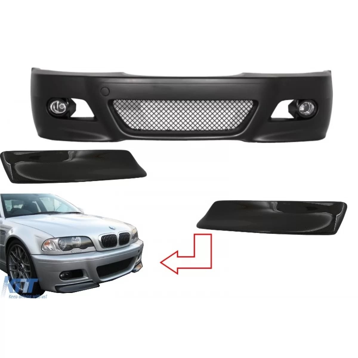 Front Bumper suitable for BMW 3 Series E46 Coupe/Cabrio/Sedat/Estate (1998-2004) M3 Design with Front Bumper Splitters Carbon CSL Design
