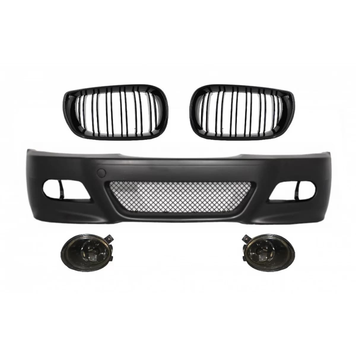 Front Bumper with Fog lights suitable for BMW 3 Series E46 (1998-2004) M3 Look and Central Kidney Grilles Double Stripe M Design Piano Black
