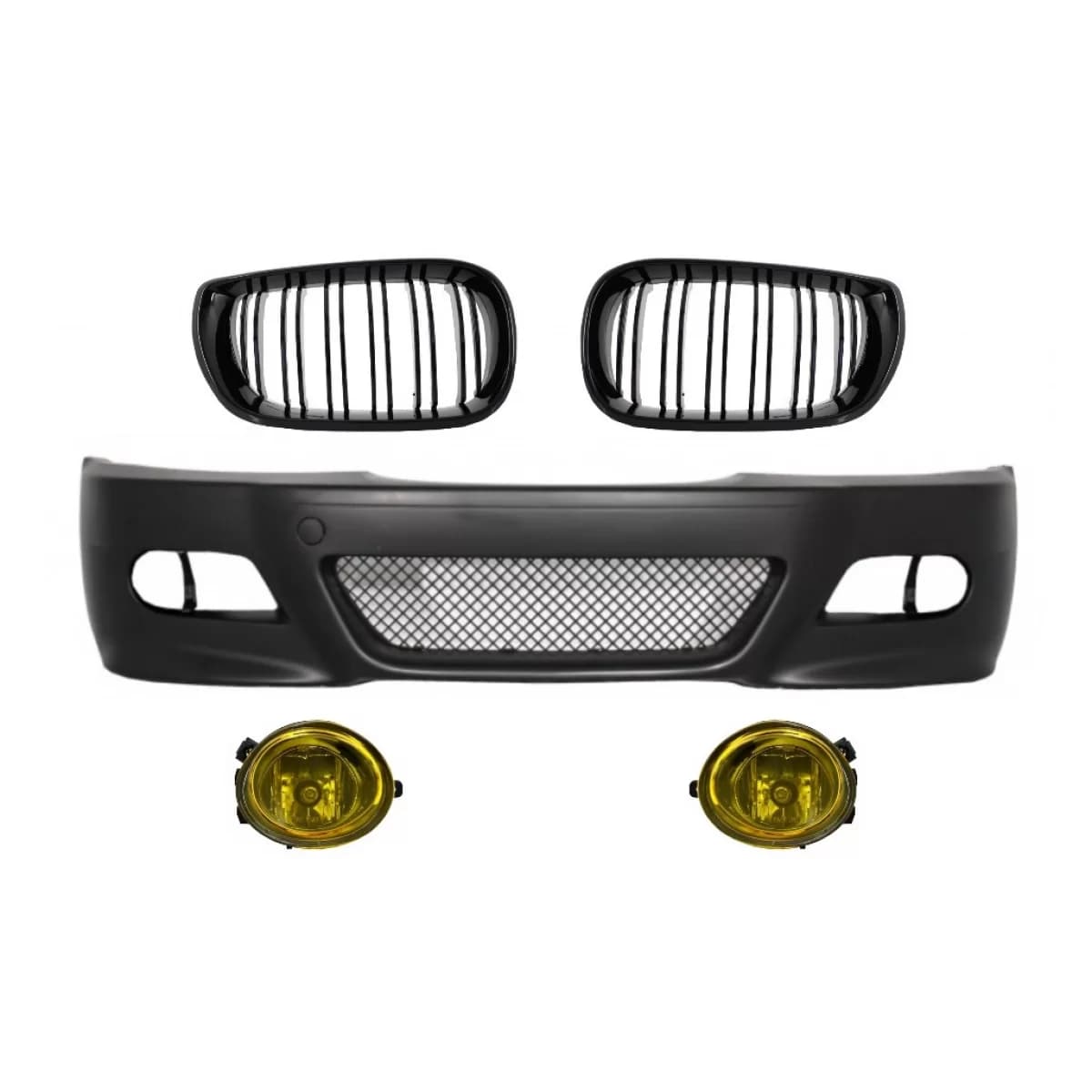 Front Bumper with Fog lights suitable for BMW 3 Series E46 (1998-2004) M3 Look and Central Kidney Grilles Double Stripe M Design Piano Black