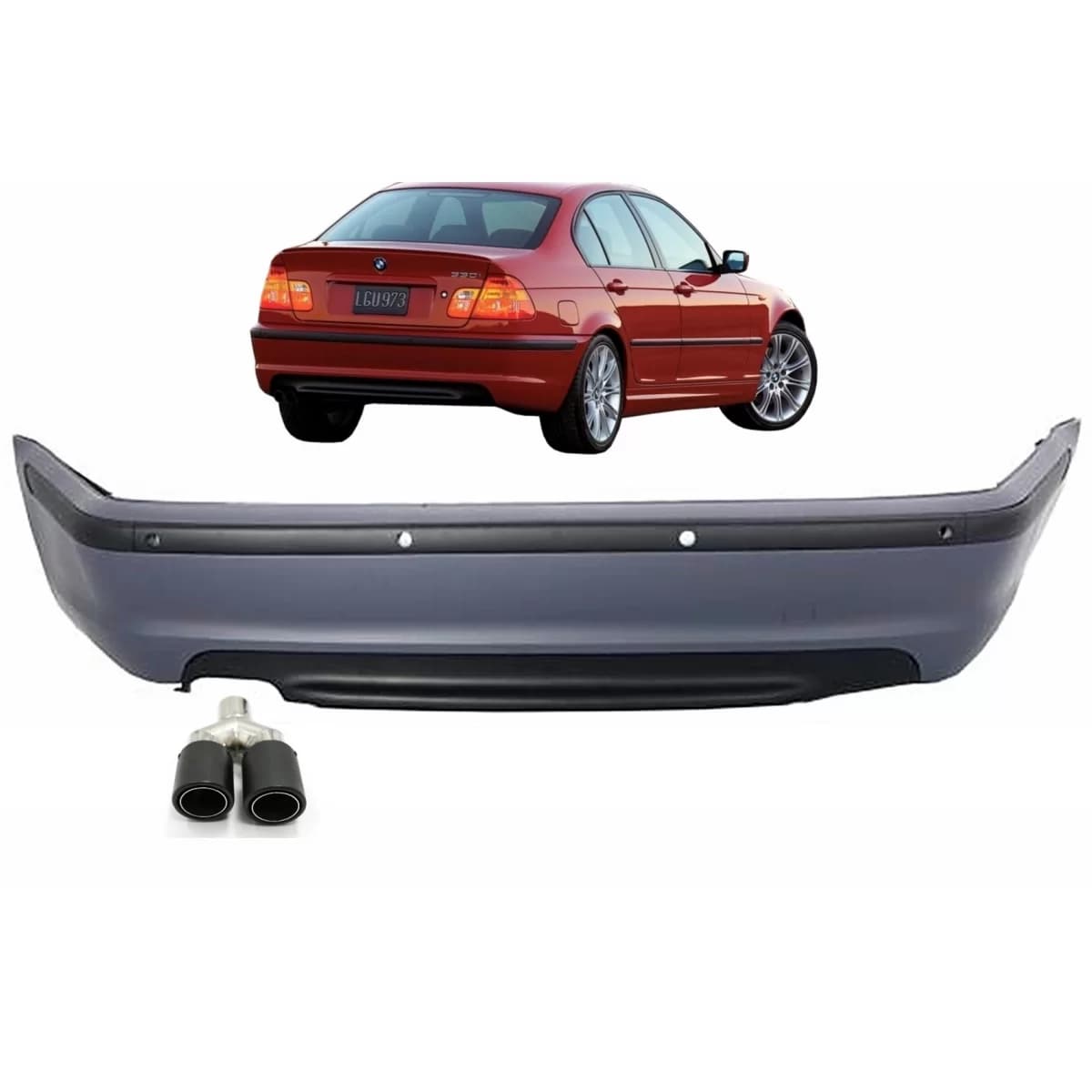 Rear Bumper suitable for BMW 3 Series E46 4D Sedan (1998-2004) M-Technik Design with Exhaust Muffler Tip Matte Carbon Fiber