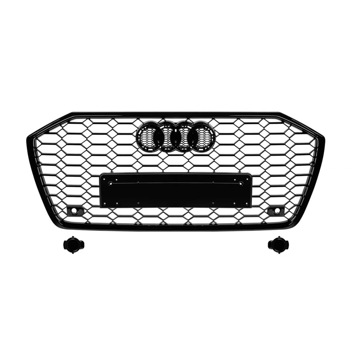 Black lacquer RS6 type grille suitable for Audi A6 after 2018 for models equipped with standard or S-line front bumper, with emblem base, with openings for parking sensors.
