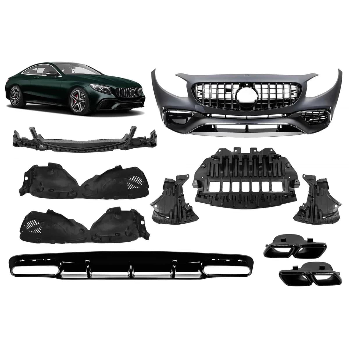 A design package type 63 suitable for Mercedes S-Class C217 coupe 2014-2020 with black exhaust tips for the model equipped with A Design Line rear bumper