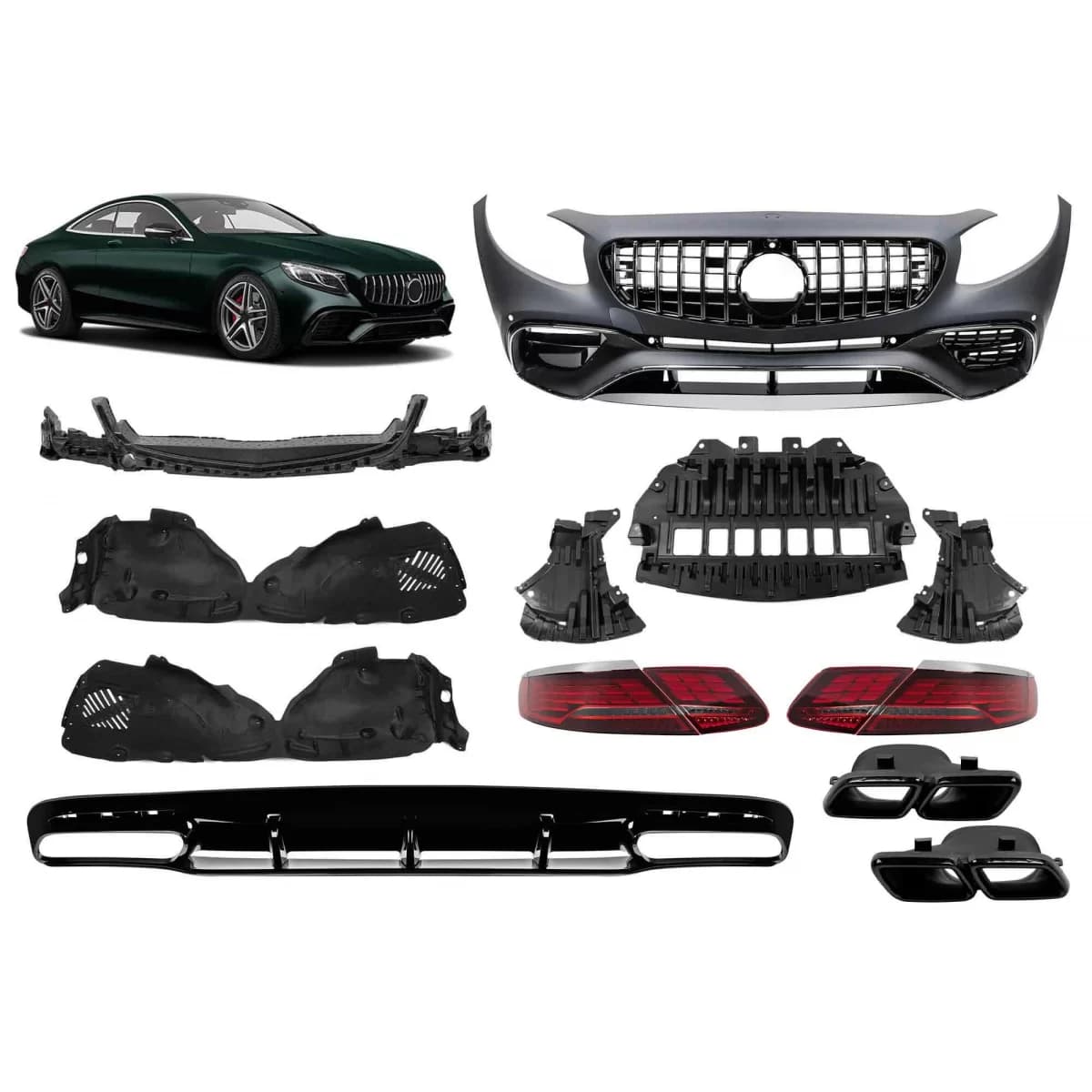 A design package type 63 suitable for Mercedes S-Class C217 coupe 2014-2017 with LED tail lights Facelift vision and black exhaust tips for the model equipped with A Design Line rear bumper.