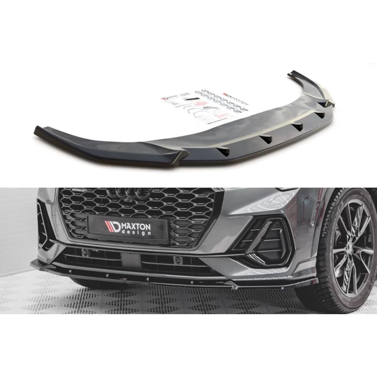 Maxton Design version 2 spoiler suitable for front S-Line bumper of Audi Q3 Sportback after 2019, black lacquer