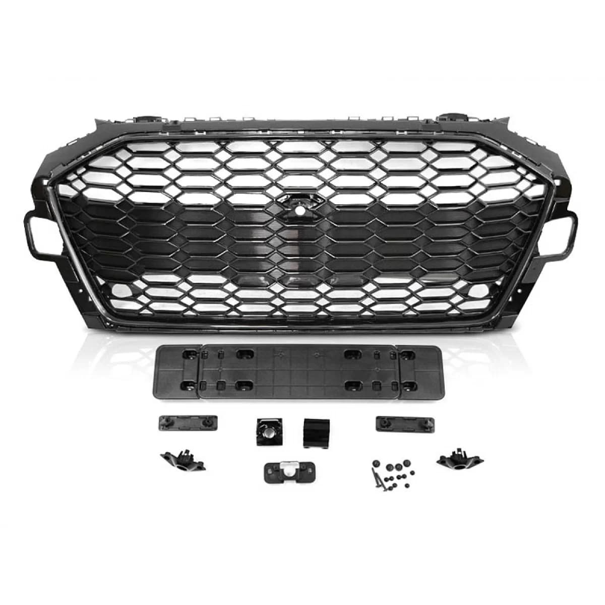 Black lacquer RS type grille suitable for Audi A4 B9 sedan, wagon after 2020 with opening for camera and PDC for standard bumper