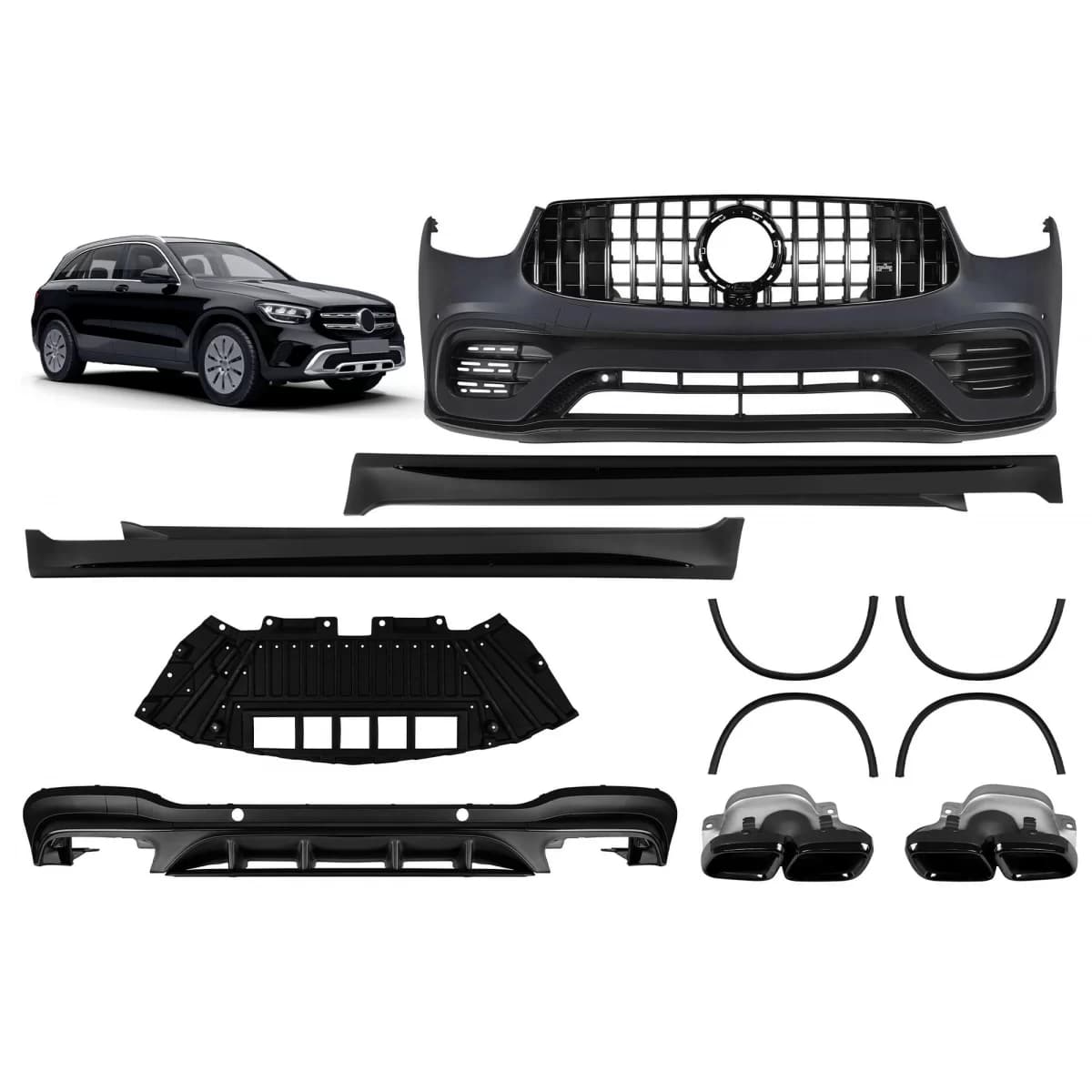 A design package type 63 suitable for Mercedes GLC SUV X253 2020-2022 with side skirts and black exhaust tips