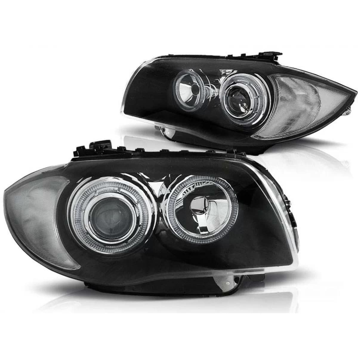 Tuning headlight set with LED angel eyes suitable for BMW 1 E81 2004-2011 / E82 2007-2011 / E87 2004-2011 / E88 2007-2013, left and right