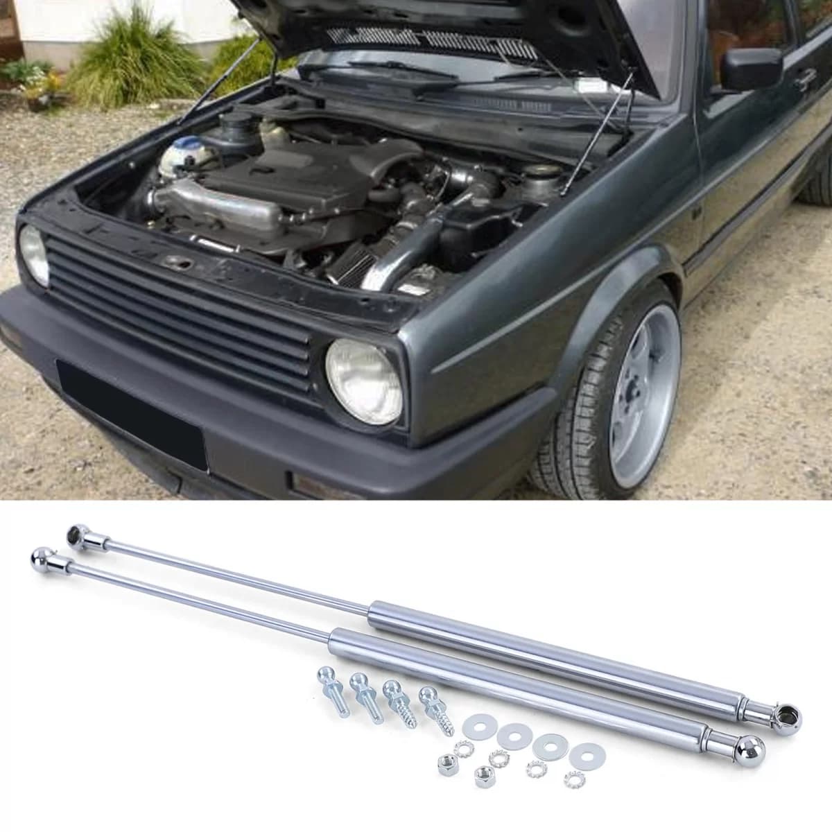 Bonnet lifters dampers chrome pair for VW Golf 2 83-92