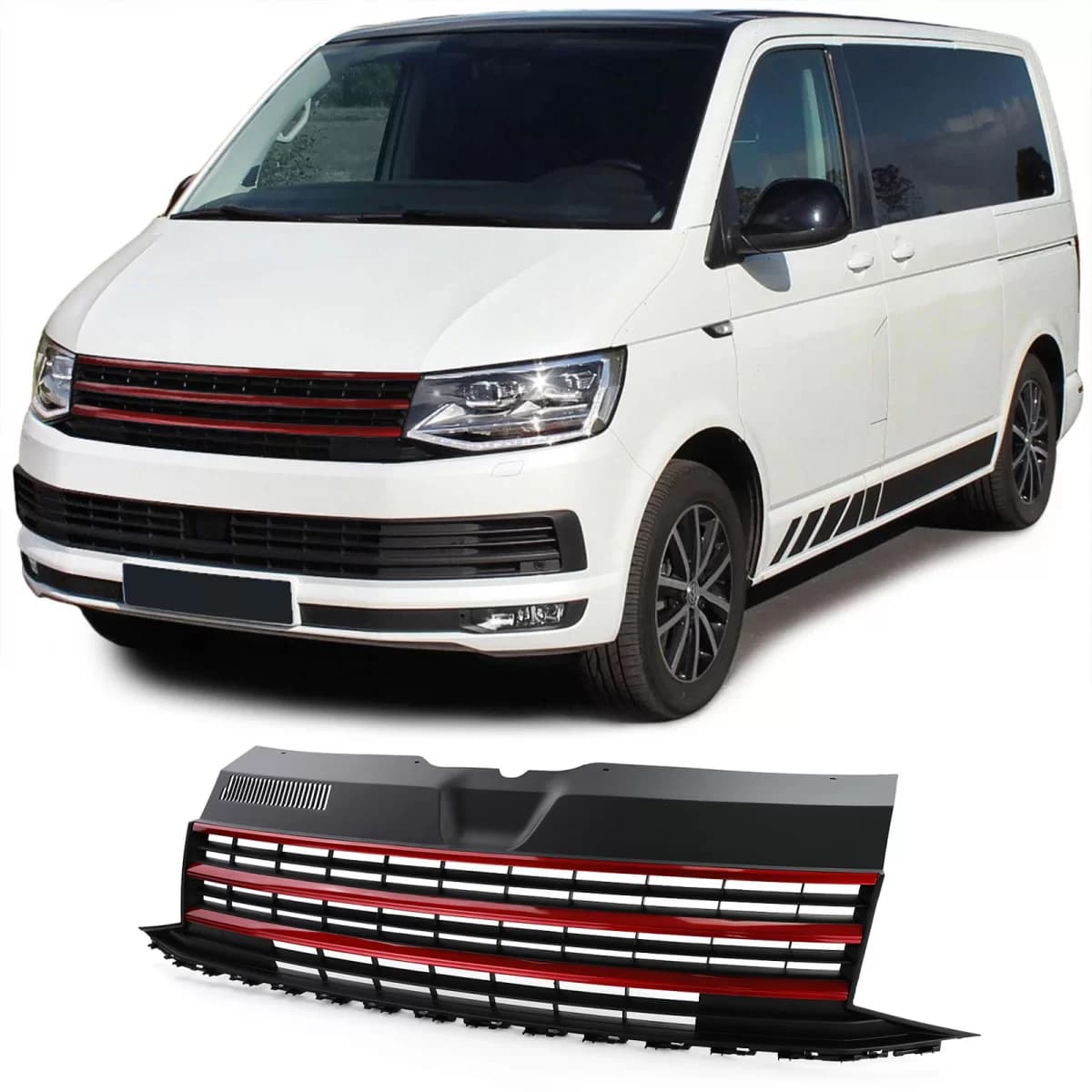 Grille without emblem with red strips for VW T6 Bus Transporter 15-19