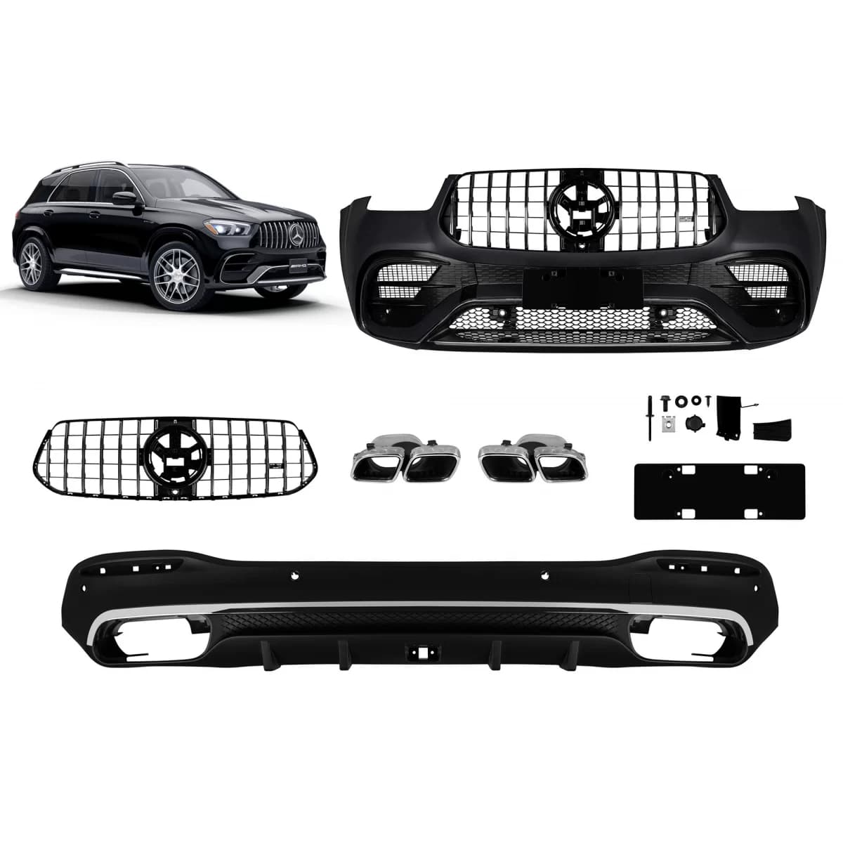 A Design package type 63 suitable for Mercedes GLE SUV W167 2018-2023, after 2024 with chrome elements and chrome tips