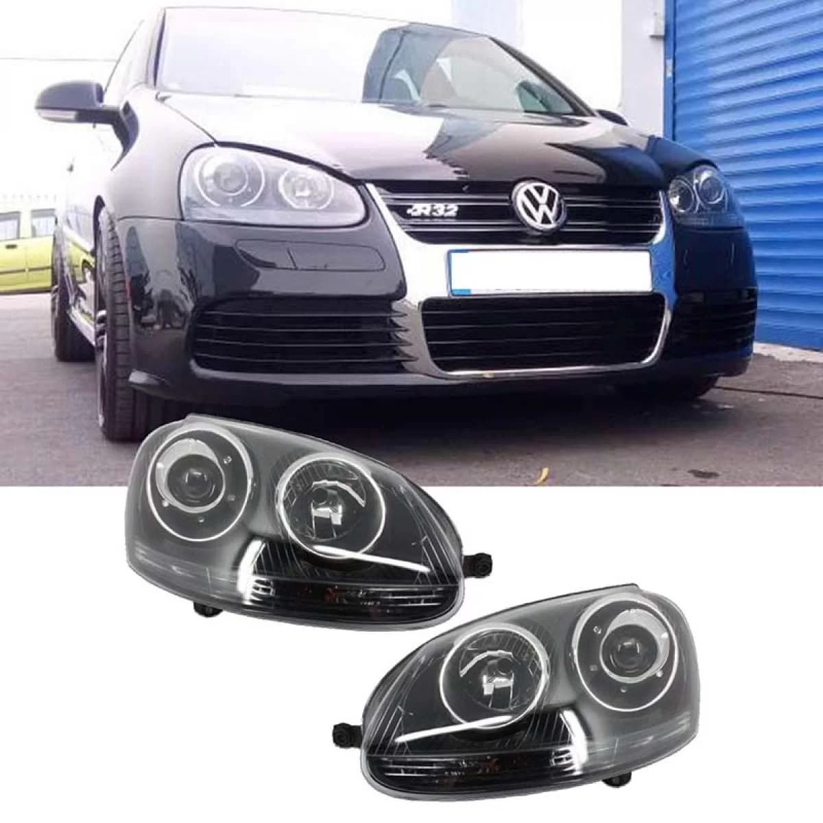 Headlights Set suitable for VW Golf V (5) 03-08 Projectors GTI / R32 Look Black H7/H7 With Motor & E-Mark Carner