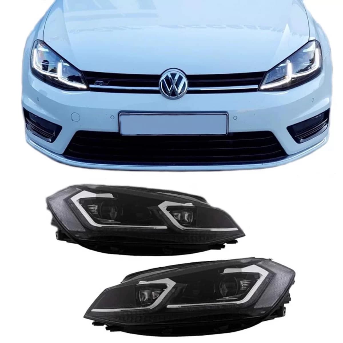 Headlights Set suitable for VW Golf VII (7) 12-17 Look 7.5 GTI Black/Silver Line H7 With Motor Carner