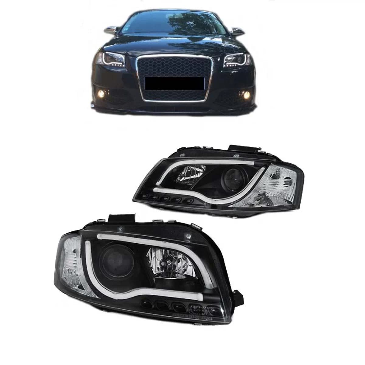 Headlights Set Suitable for Audi A3 8P 03-08 DRL & Led Tube Black H7/H1 Sonar