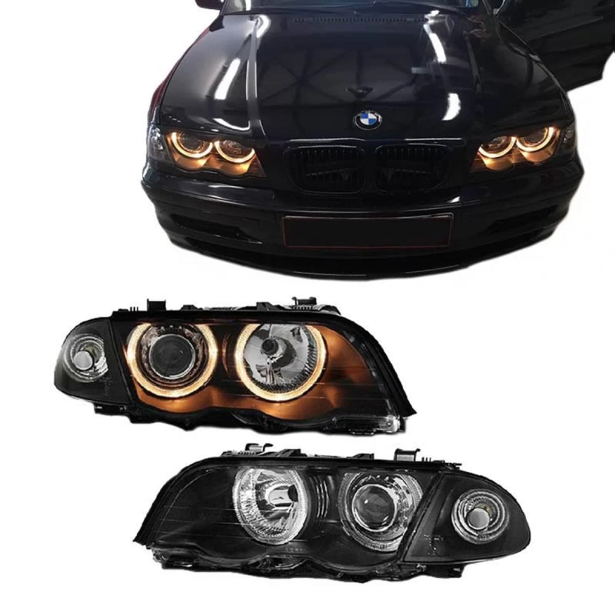 Headlights Set Suitable for BMW 3 E46 Sedan/Caravan 99-01 Angel Eyes Black H7/H7 With Motor Depo