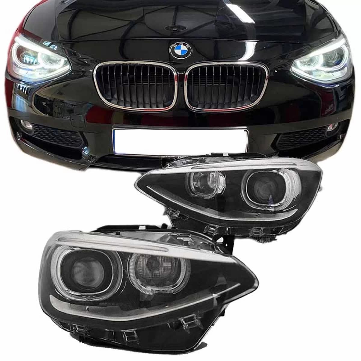 Headlights Set Suitable for BMW 1 F20 / F21 11-14 LED Angel Eyes Black H7 With Motor Depo