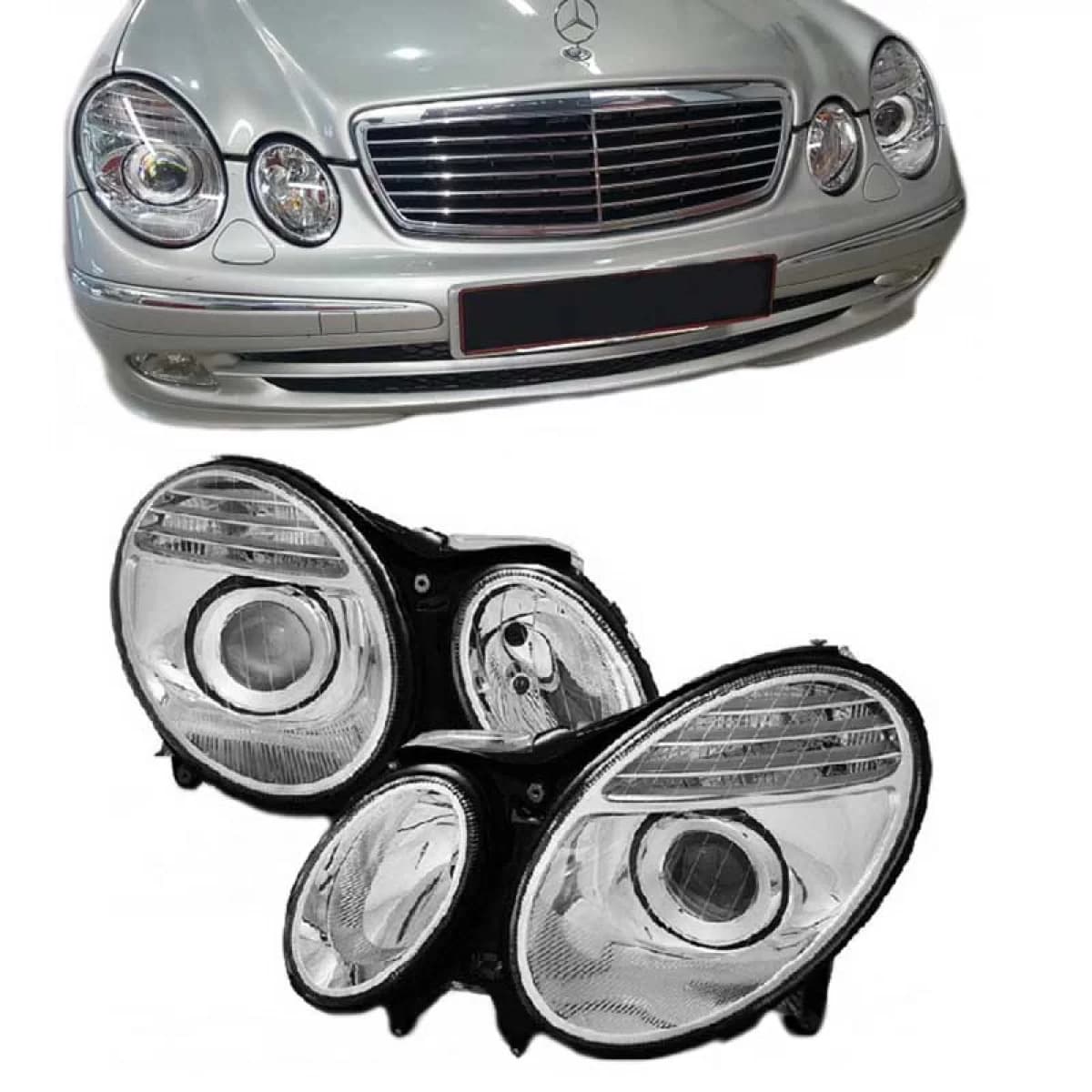 Headlights Set Suitable for Mercedes-Benz E-Class W211 02-06 Chrome Facelift Look H7/H7 (Halogen) With Motor Depo