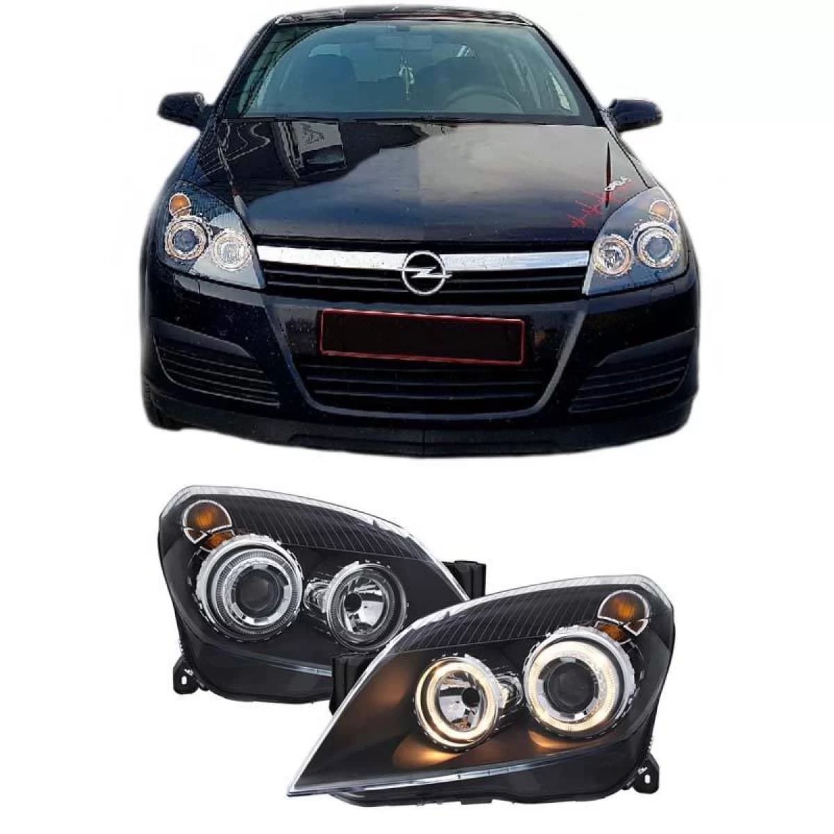 Headlights Set Suitable for Opel Astra H 04-09 Angel Eyes Black H7/H7 With Motor Depo