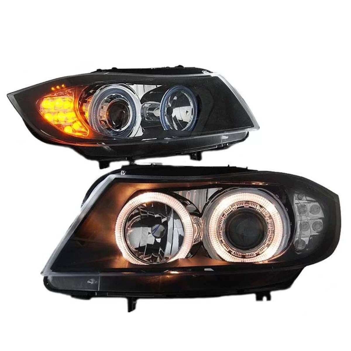 Headlights Set Suitable for BMW 3 E90 / E91 05-08 Angel Eyes & LED Signal Black H7/H7 Depo