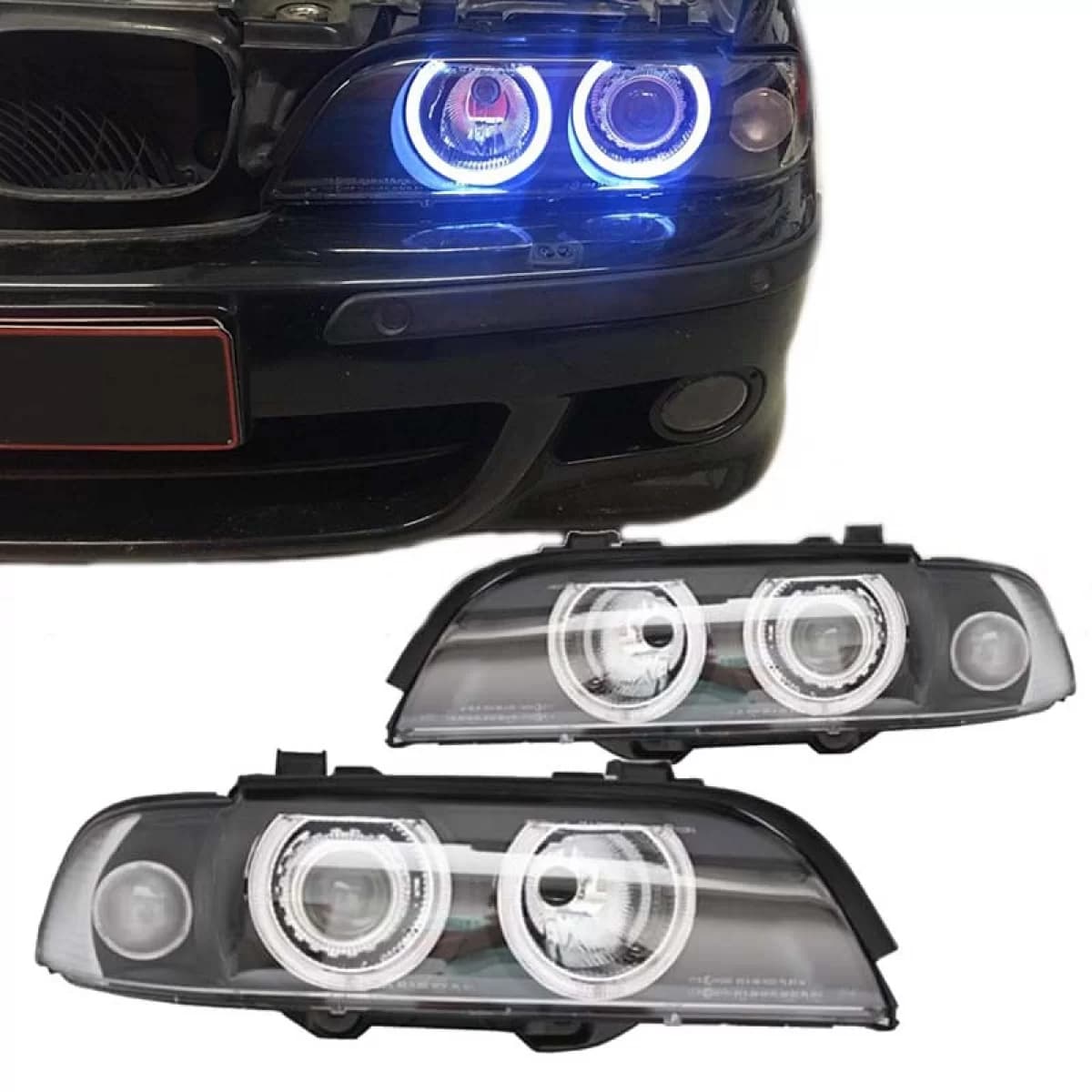 Headlights Set Suitable for BMW 5 E39 95-03 Angel Eyes Facelift LCI Look Black H7/H7 Manual Carner