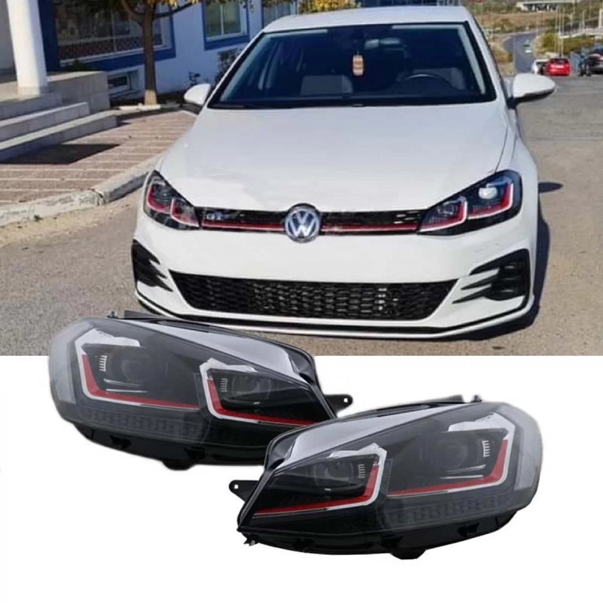 Headlights Set Suitable for VW Golf 7.5 17-19 Facelift DRL & Dynamic Signal Black/Red Line GTI Look H7 With Motor Carrier