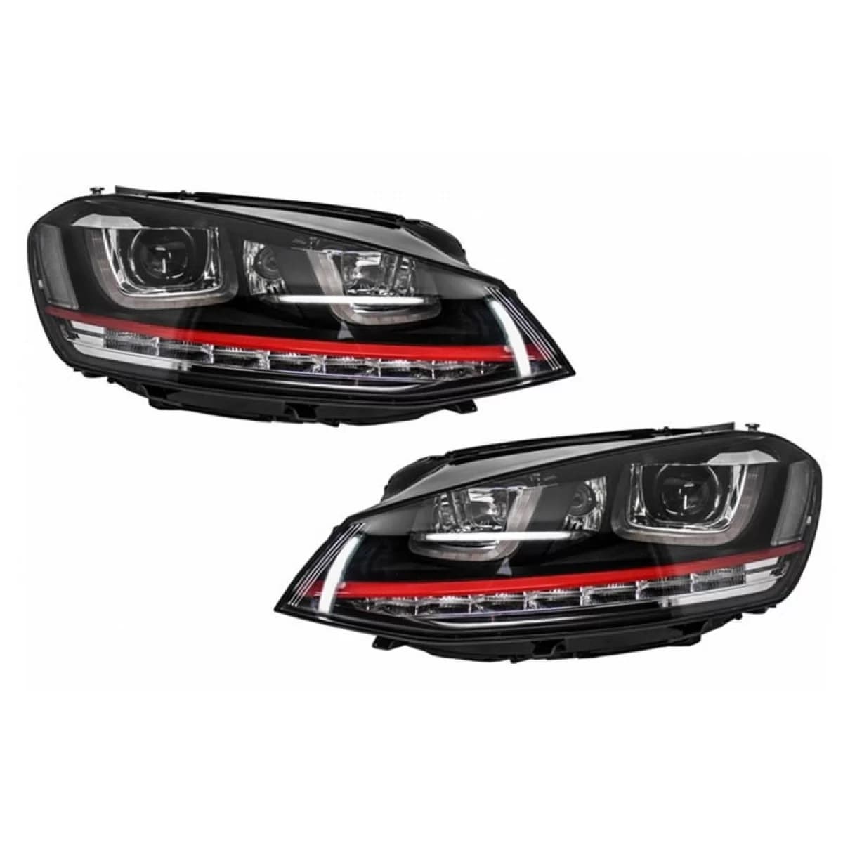 Headlights Set Suitable for VW Golf VII (7) 12-17 DRL U-Type GTI Black/Red H7/H7 With Motor Carner