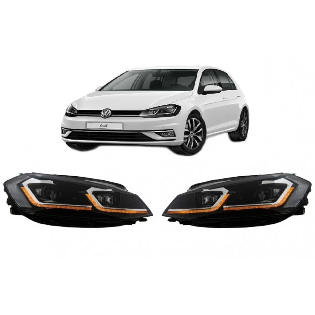 Headlights Set Suitable for VW Golf 7.5 17-19 Facelift DRL & Dynamic Signal Black/Chrome Line GTI Look H7 With Motor Carner