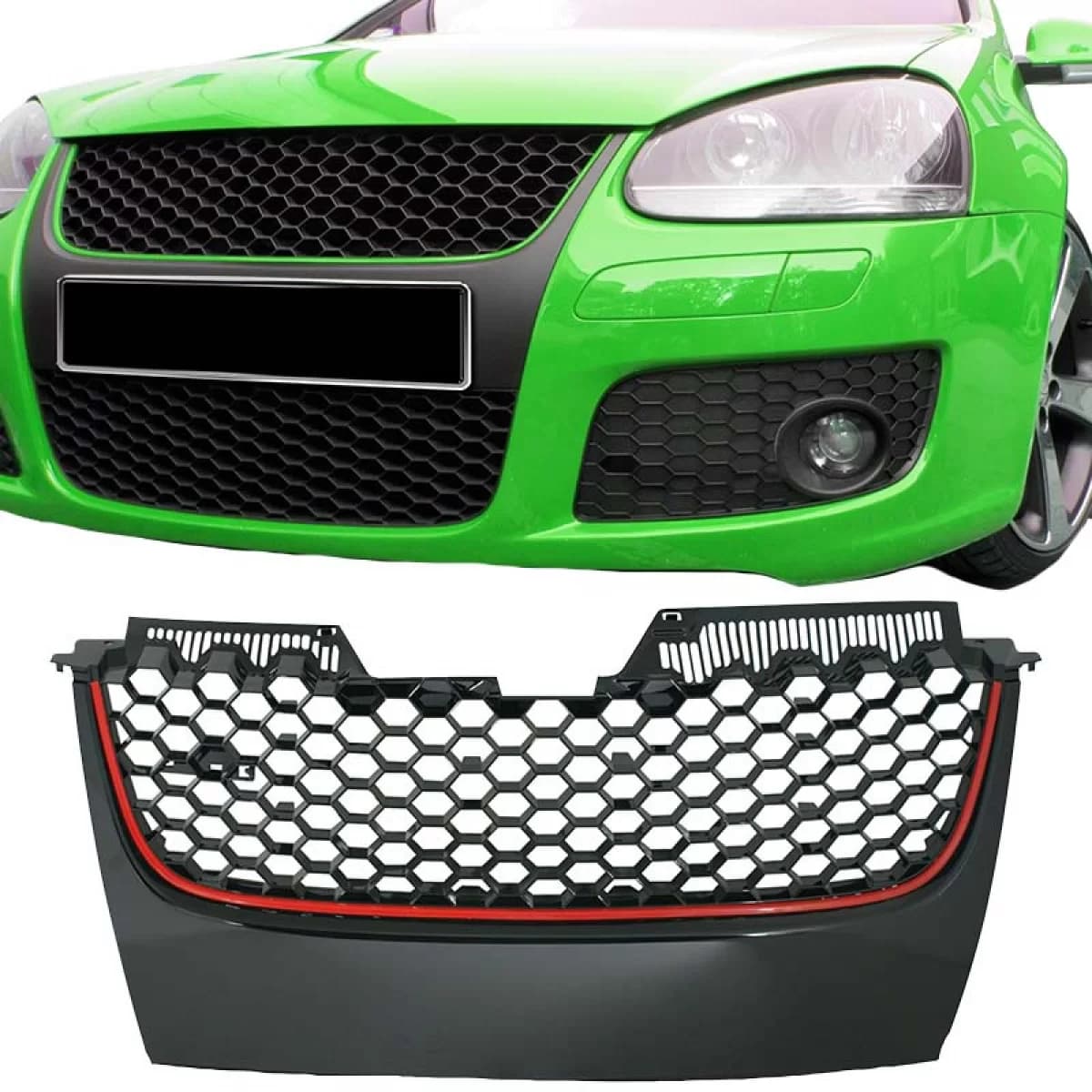 Front Grille suitable for VW Golf V (5) 03-08 / Jetta 05-11 GTI Look Badgeless Honeycomb With Red Line 1 Pc