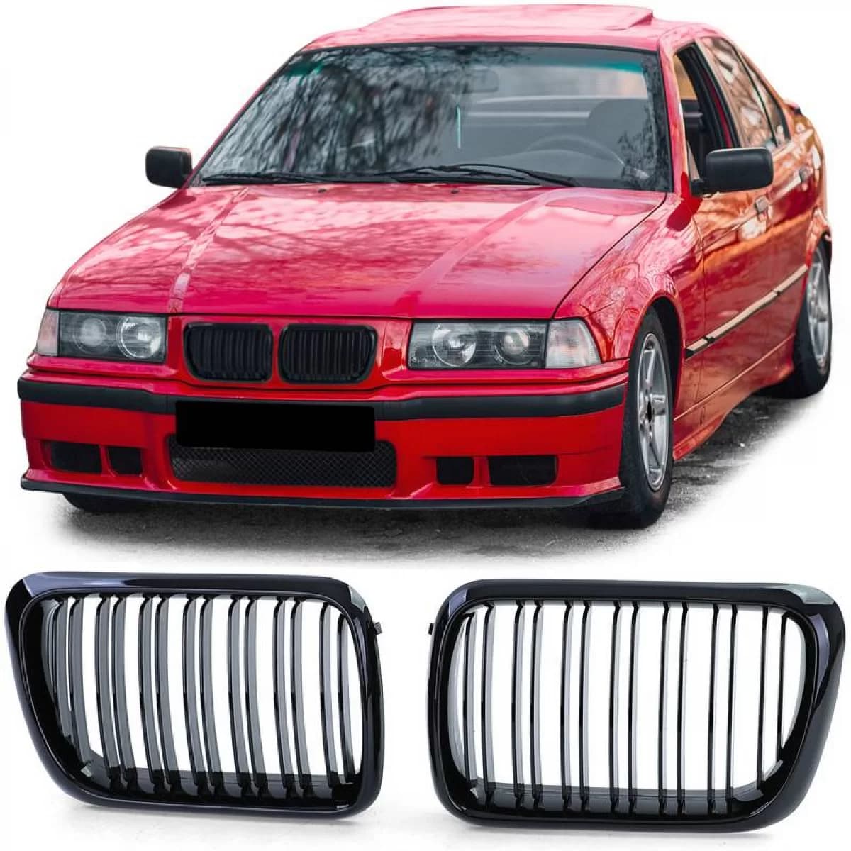 Front Grilles suitable for BMW 3 E36 96-99 M4 Look with Double Grille Glossy Black 2 Pcs