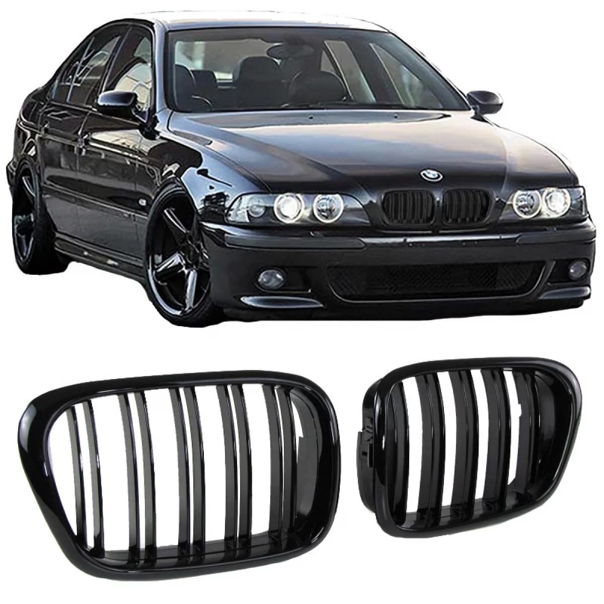 Front Grilles suitable for BMW 5 E39 96-03 M4 Look with Double Grille Glossy Black 2 Pcs
