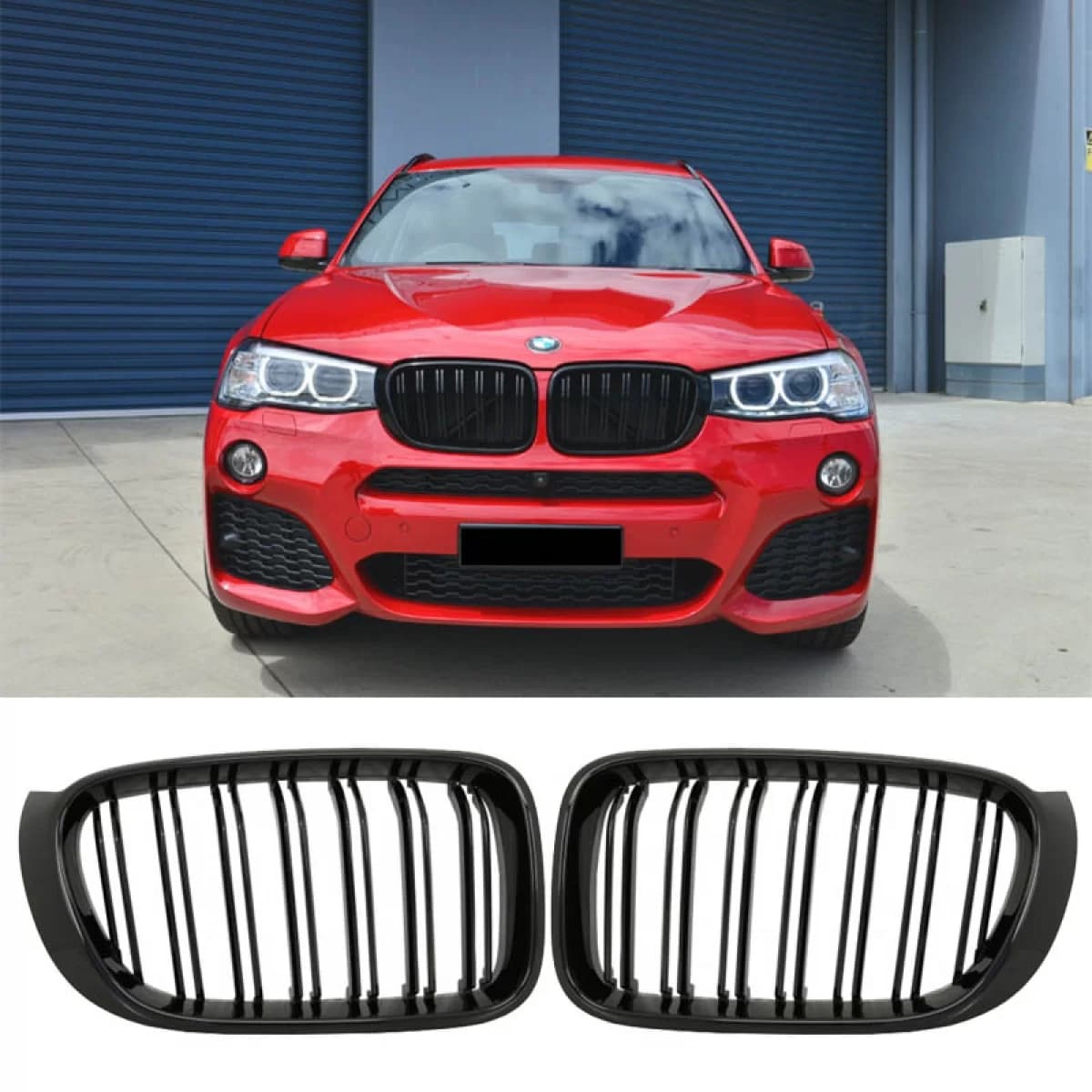 Front Grilles suitable for BMW X3 F25 LCI 14-17 / X4 F26 14-17 M4 Look with Double Grille Glossy Black with 7 Grilles 2 Pcs