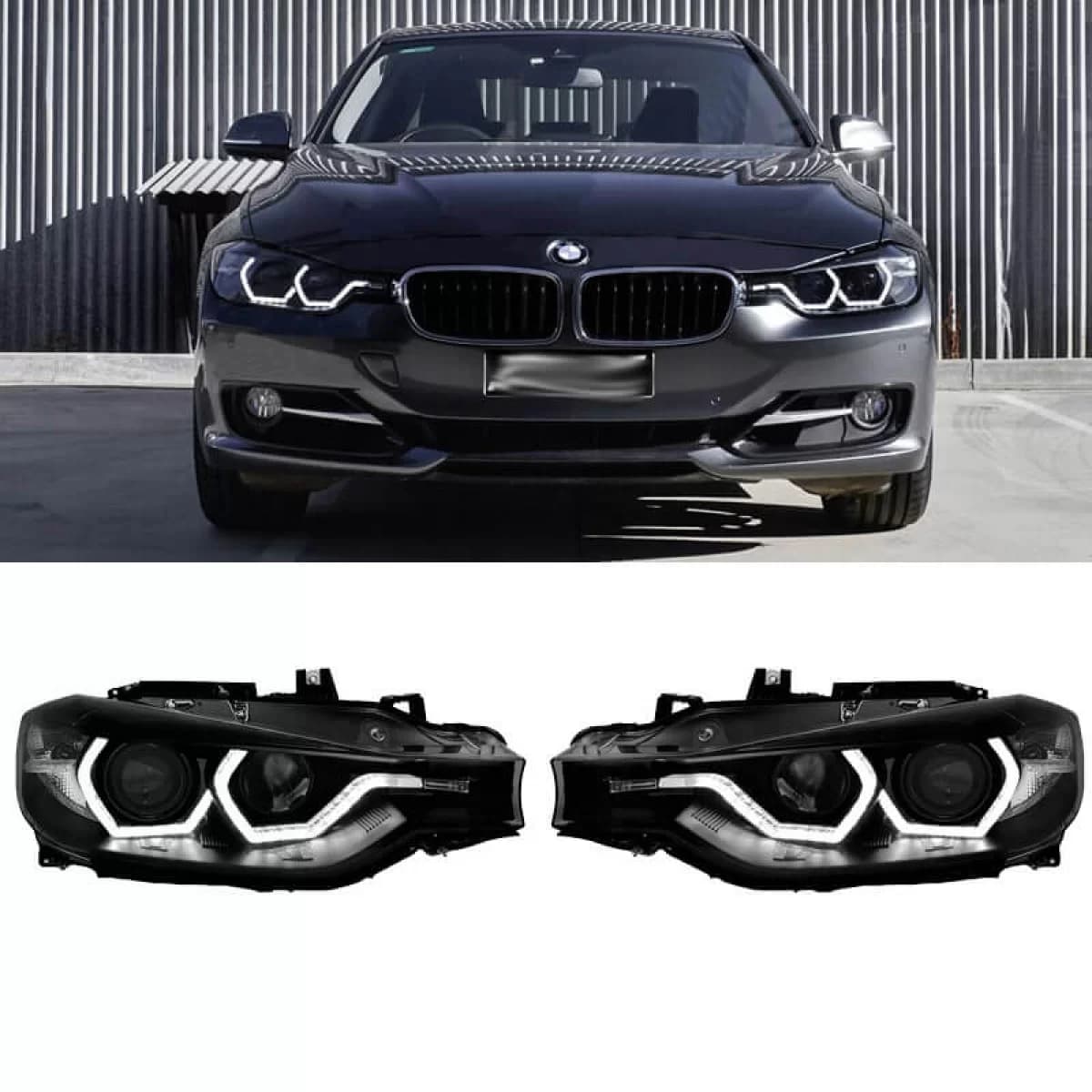 Headlights Set Suitable for BMW 3 F30 / F31 11-15 3D Angel Eyes Black H7/H7 With Motor Sonar