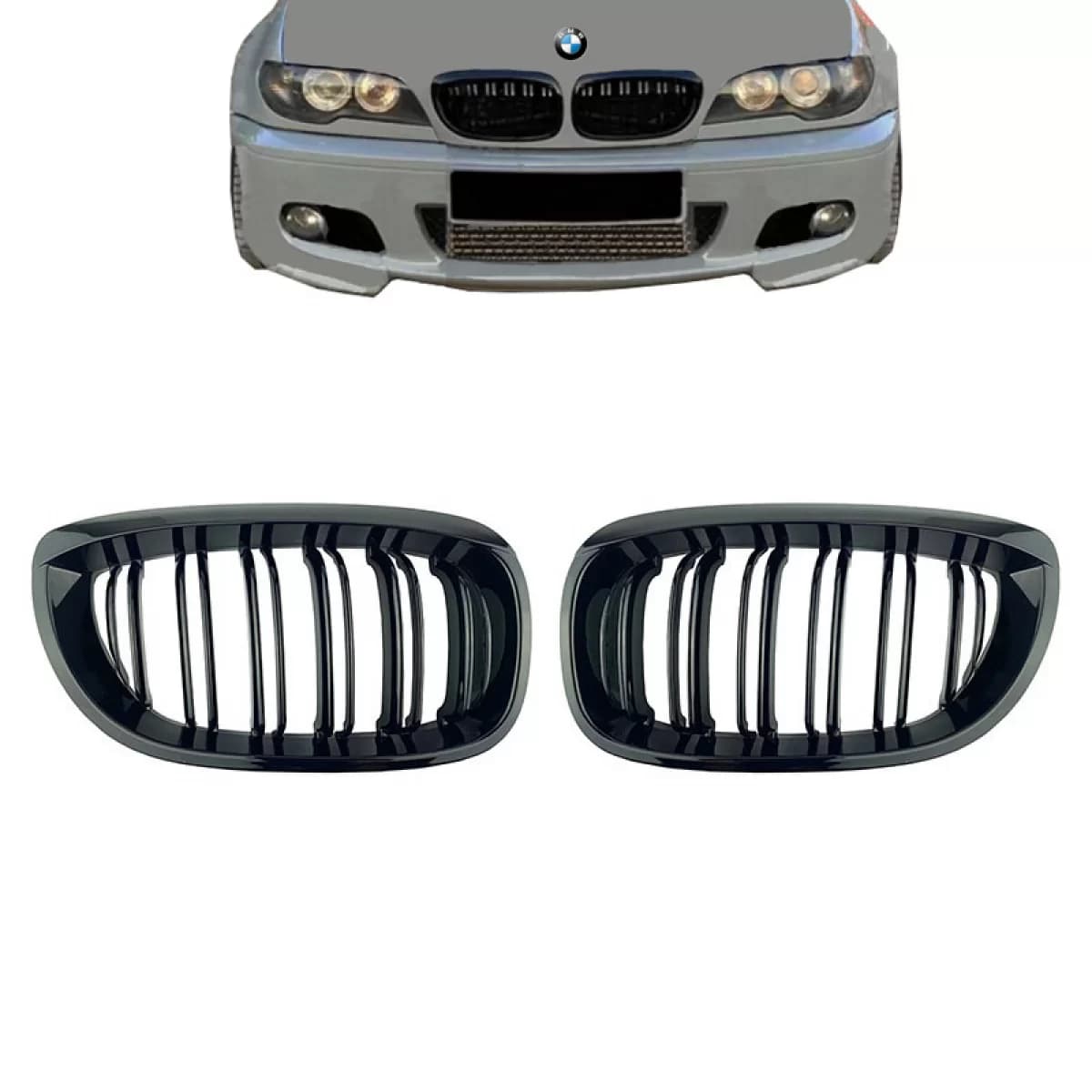 Front Grilles suitable for BMW 3 E46 03-06 Coupe/Cabrio M4 Look with Double Grille Glossy Black 2 Pcs