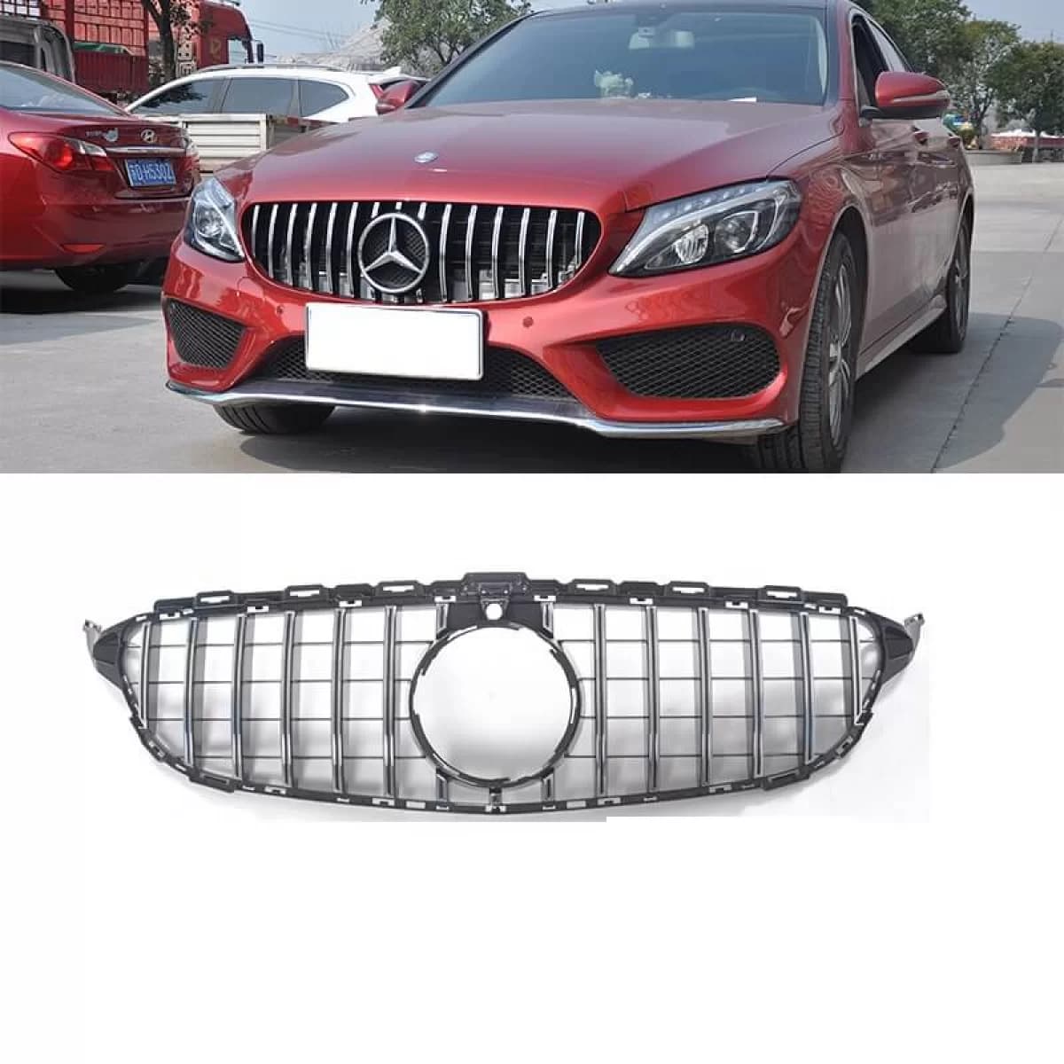 Front Grille suitable for Mercedes-Benz C-Class W205 14-18 GT A Design Panamericana Look 360° With 14 Lines Black/Chrome 1 Pc