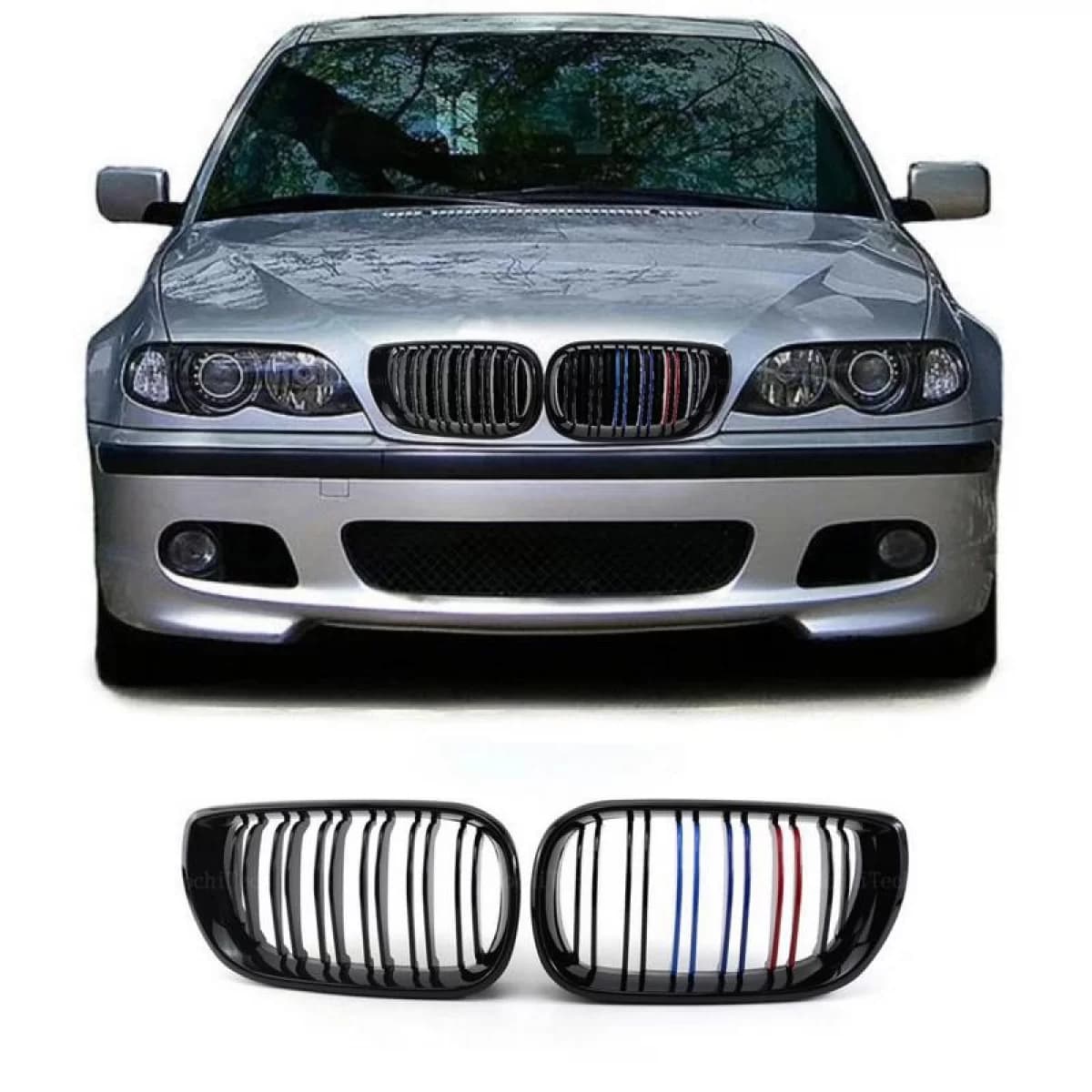 Front Grilles suitable for BMW 3 E46 02-05 Sedan/Touring M4 Look With Double Grille Tri-Color Glossy Black 2pcs