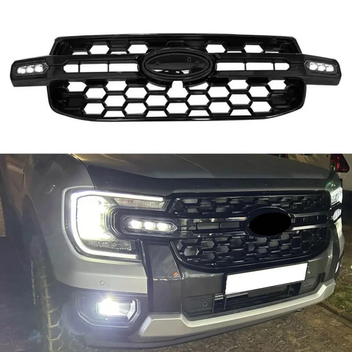 Front Grille suitable for Ford Ranger T9 2022+ XLT / Sport / Wild Trak Raptor Type With Led Gloss Black