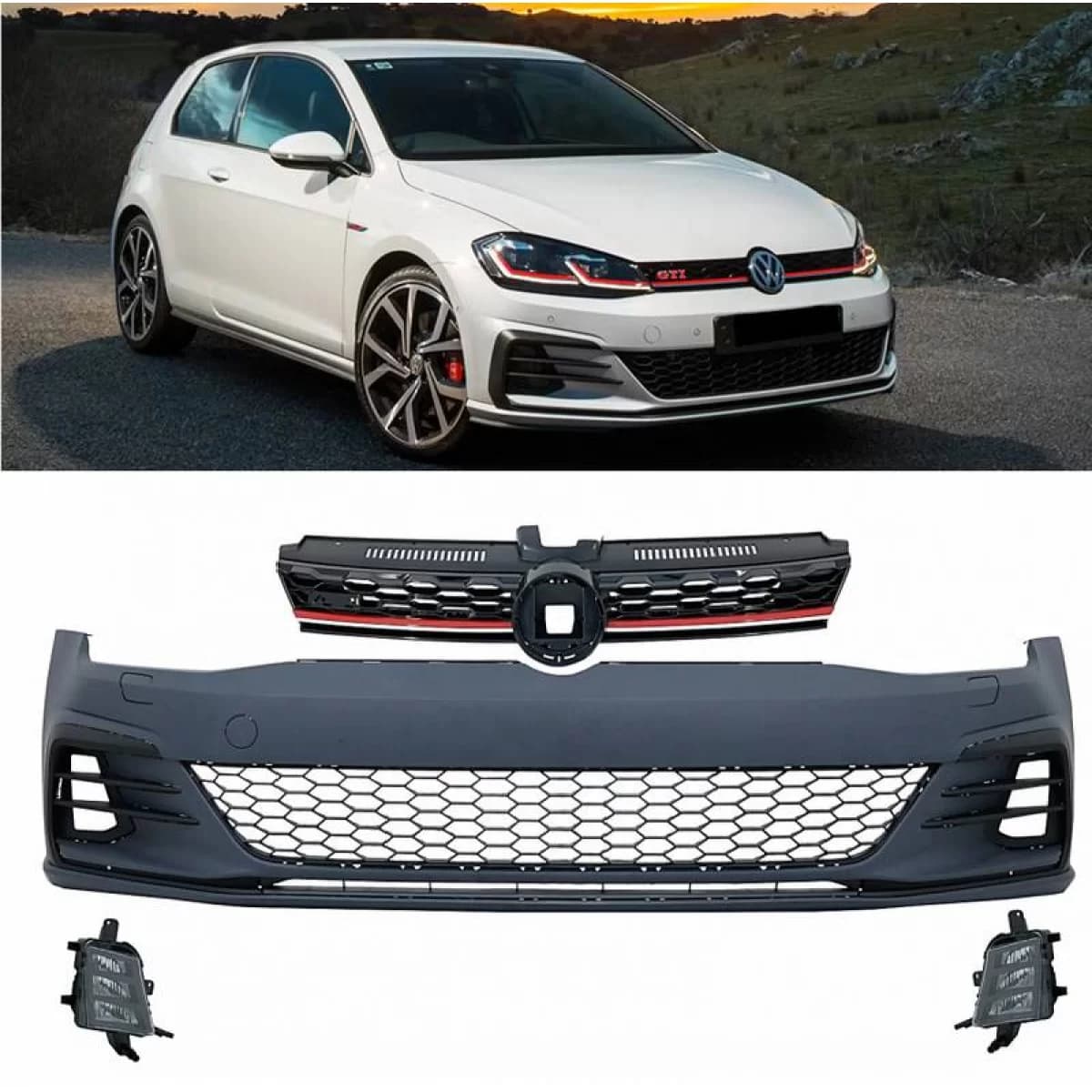 Front Bumper suitable for VW Golf VII (7) 13-17 Upgrade to GTI 7.5 Look 17-19 Set With Grille & Led Fog Lights