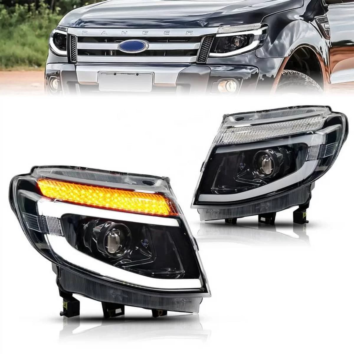 Headlights Set Suitable for Ford Ranger T6 2012-2015 DRL Dynamic Black Full LED With Motor