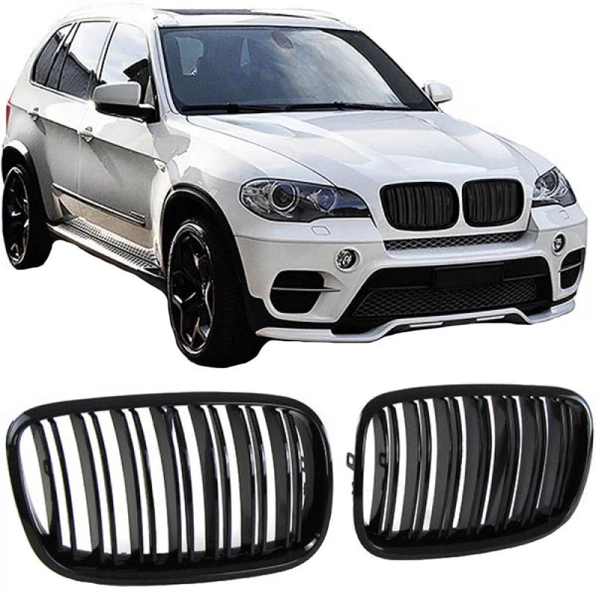 Front Grilles suitable for BMW X5 E70 07-13 / X6 E71 08-14 M4 Look with Double Grille Glossy Black with 6 Grilles 2 Pcs