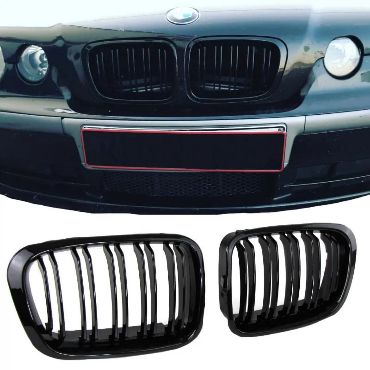 Front Grilles suitable for BMW 3 E46 99-01 Sedan/Touring/Compact M4 Look With Double Grille Glossy Black 2 Pcs