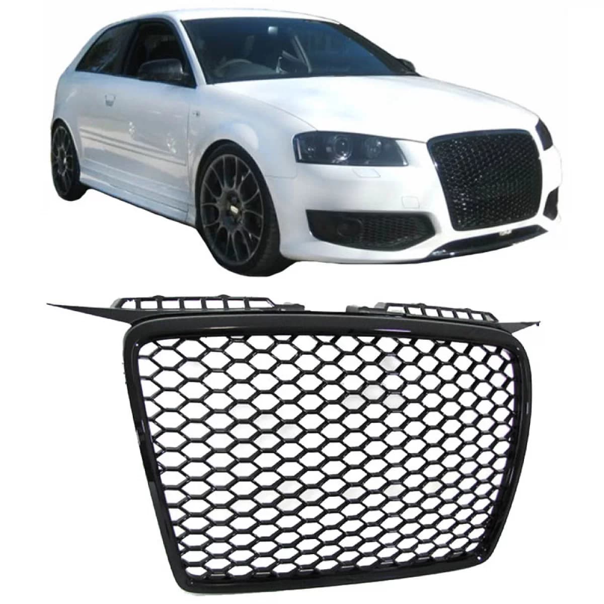 Front Grille suitable for Audi A3 8P 05-08 RS3 Look Honeycomb Glossy Black 1 Pc
