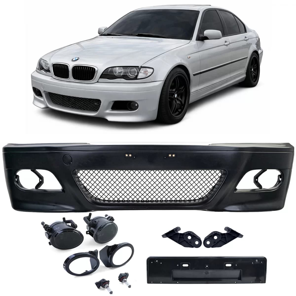 Front bumper sport + ABE + fog lights smoke for BMW E46 sedan touring LCI
