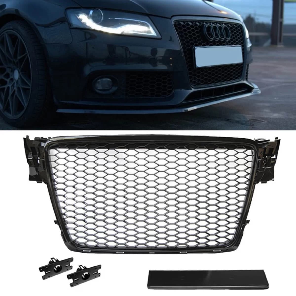 Front Grille suitable for Audi A4 B8 08-11 RS4 Look Honeycomb Glossy Black 1 Pc