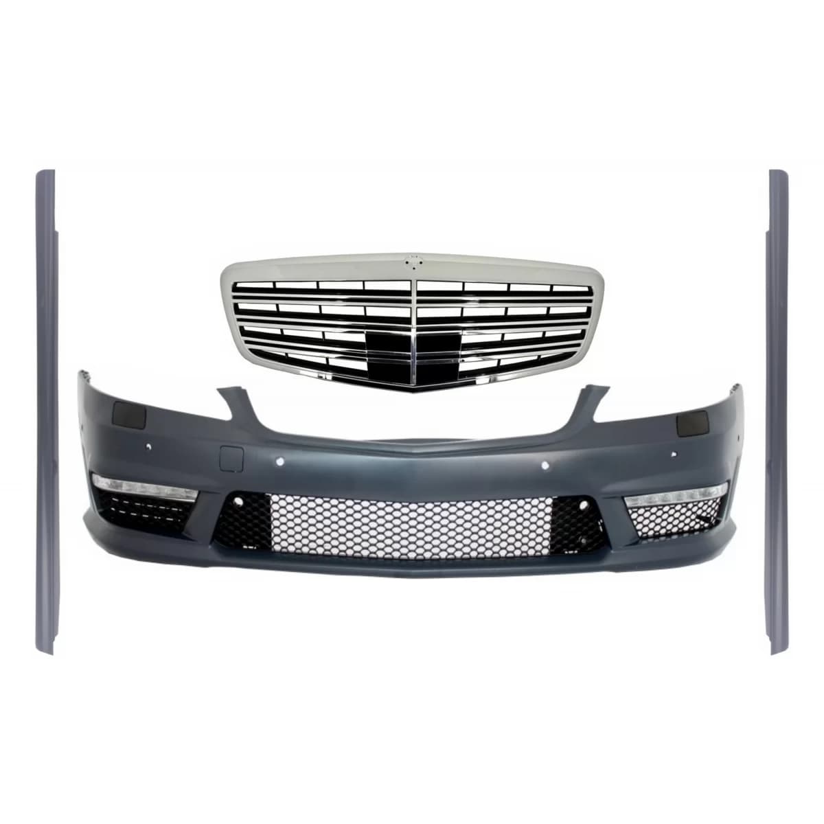 Front Bumper Assembly with Central Grille suitable for Mercedes W221 S-Class (2005-2010) and Side Skirts S63 S65 Design