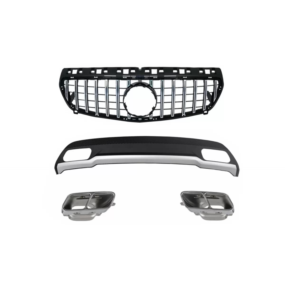 Air Diffuser with Exhaust Muffler Tips and GT-R Panamericana Grille suitable for Mercedes A-Class W176 (2012-08.2018) Sport Pack