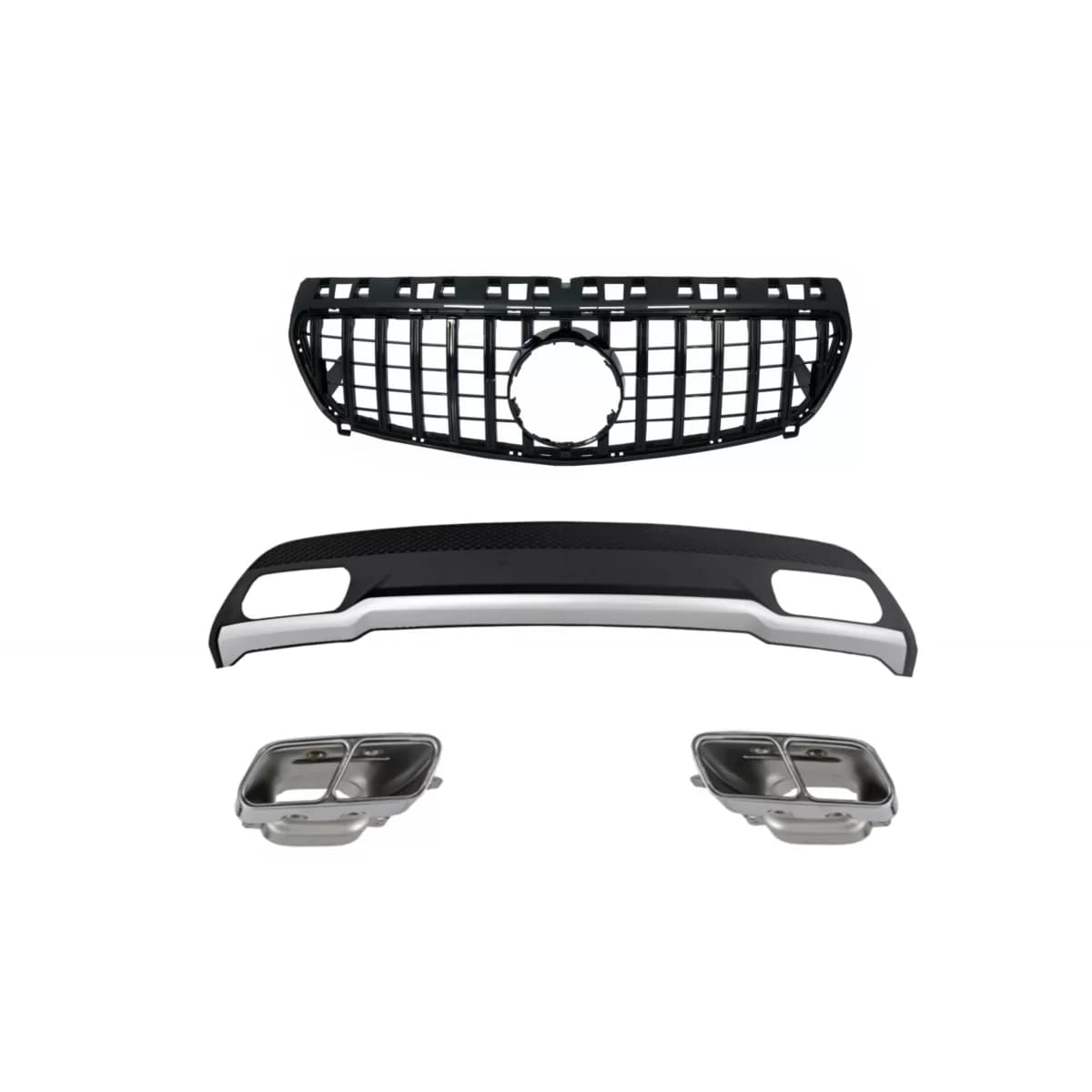 Air Diffuser with Exhaust Muffler Tips and GT-R Panamericana Grille All Black for Mercedes A-Class W176 (2012-08.2015) Sport Pack