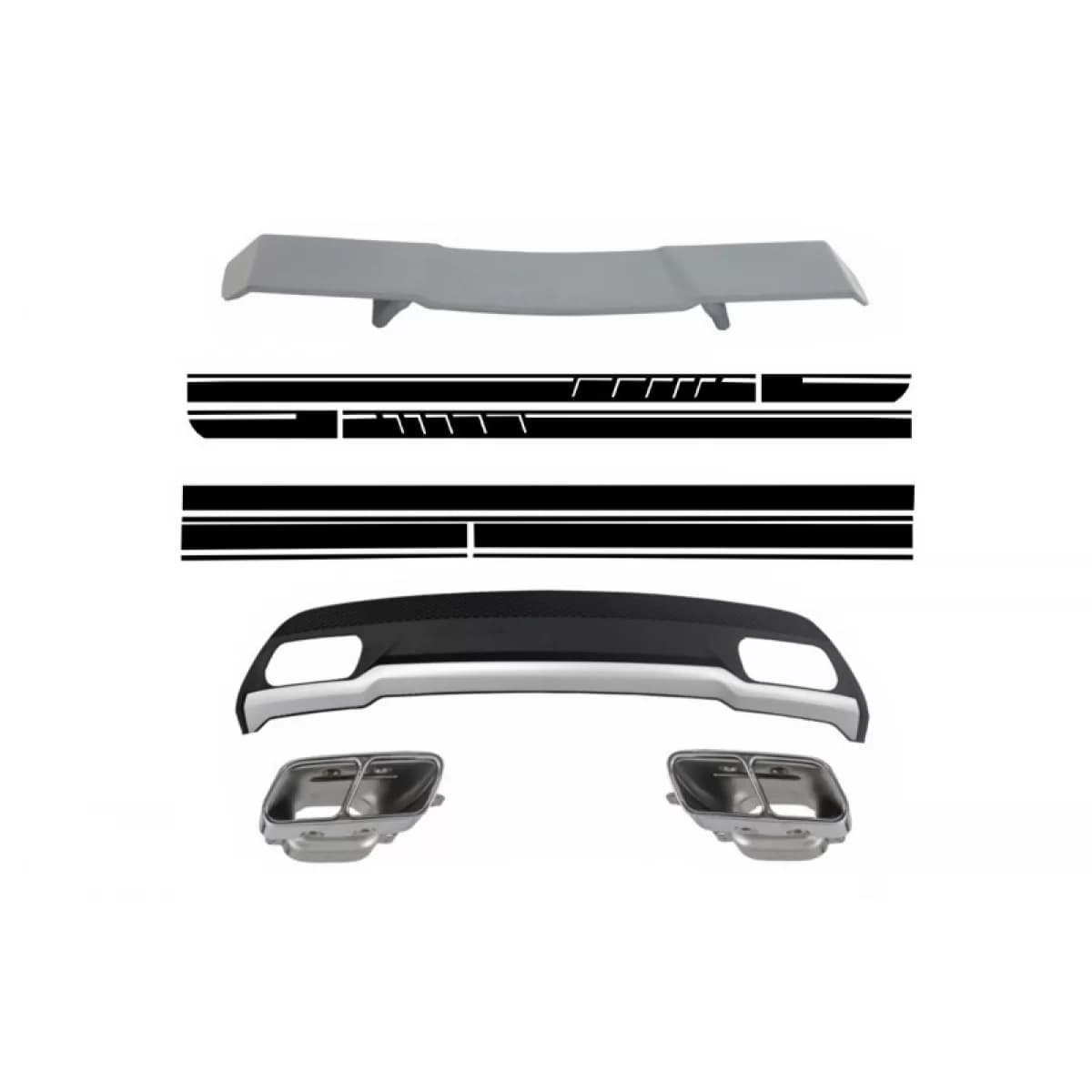 Air Diffuser with Exhaust Tips Spoiler and Stickers Black for MERCEDES A-Class W176 (2012-2018) Sport Pack