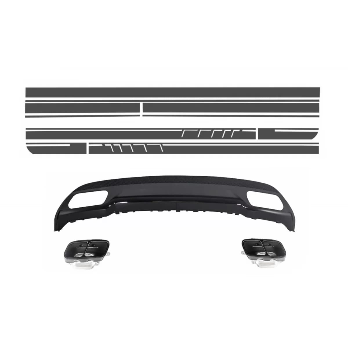 Rear Diffuser and Exhaust Tips Tailpipe suitable for Mercedes A-Class W176 (2012-up) Sport Pack with Side Decals Sticker Vinyl Dark Grey