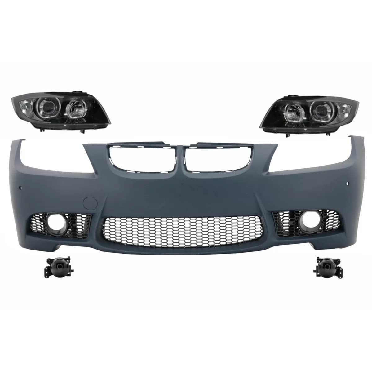 Front Bumper with Fog Light Projectors and Headlights Black suitable for BMW 3 series E90 E91 Pre-LCI (2005-2008) Sedan Touring M3 Design