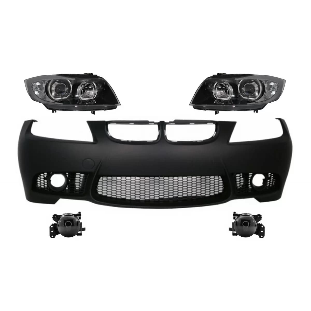 Front Bumper without PDC with Fog Light Projectors and Headlights Black suitable for BMW 3 series E90 E91 Non-LCI (2005-2008) Sedan Touring M3 Design