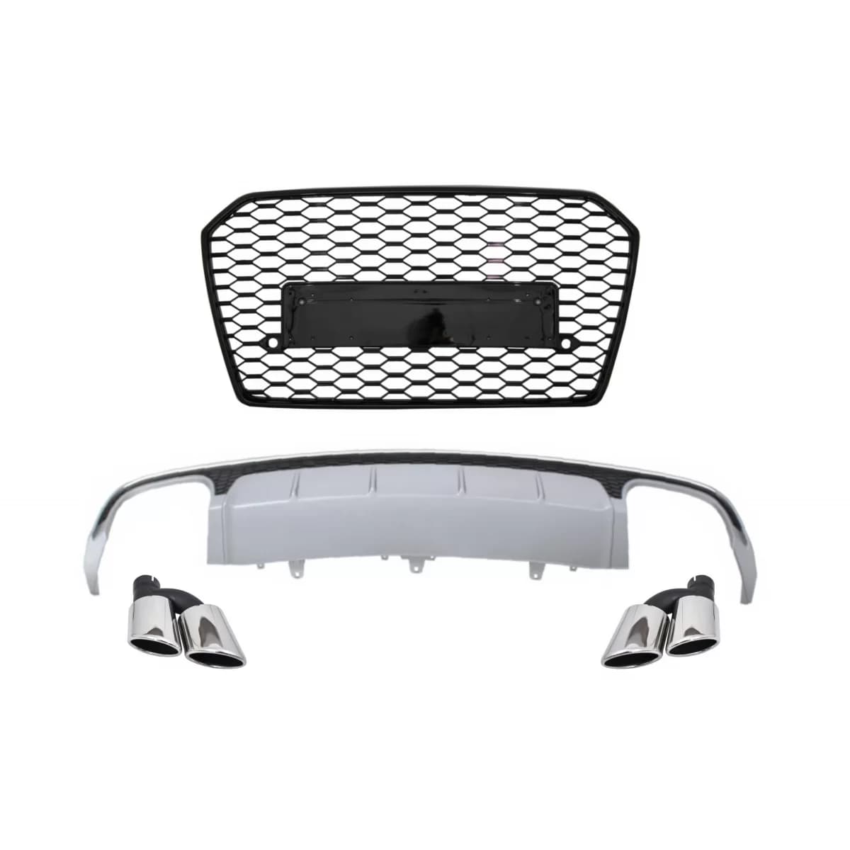 Rear Bumper Valance Diffuser with Exhaust Muffler Tips and Grille suitable for Audi A6 4G Facelift (2015-2018) Limousine Avant RS6 Design